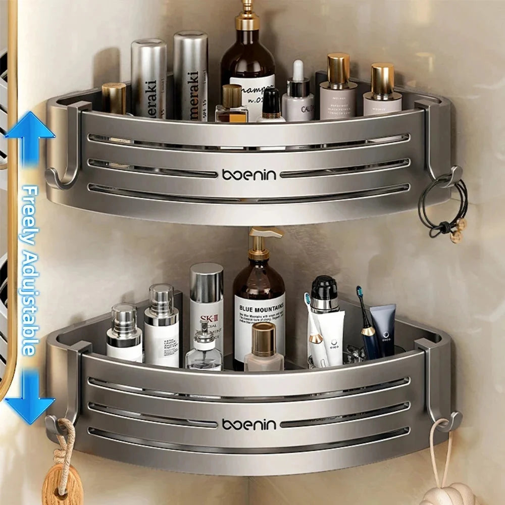 Aluminum Corner Shelf with Towel Bar & Hooks